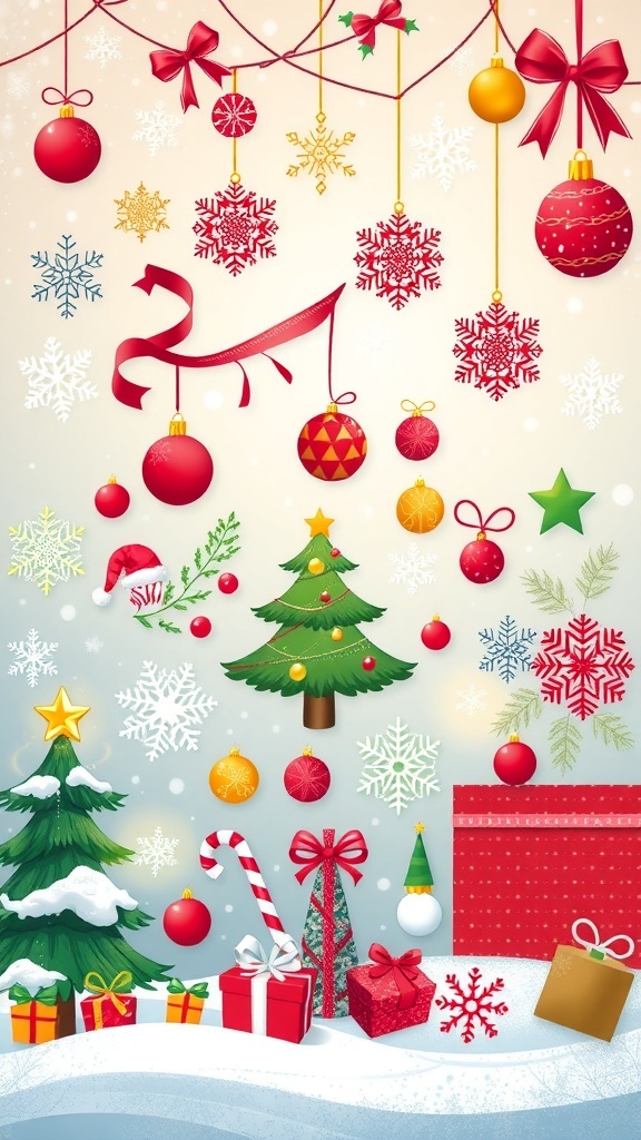 A colorful assortment of Christmas clipart including snowflakes, trees, and ornaments on a snowy background.